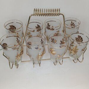 EUC Vintage MCM 60's Libby Frosted Gold Leaf Bar Glasses with Carry Rack 9 pcs.
